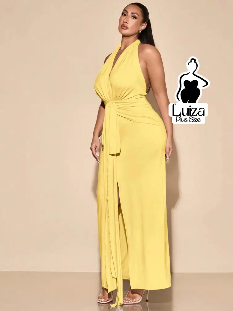 Vestido Longo Frente Única Amarração Fenda Plus Size