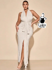 Vestido Longo Frente Única Amarração Fenda Plus Size