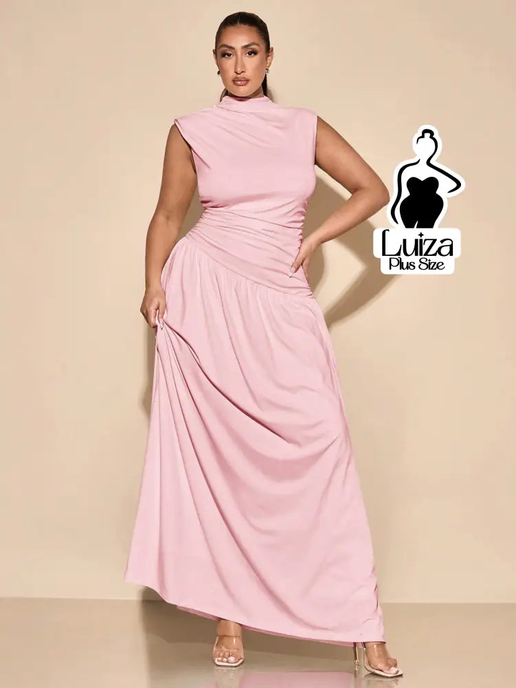 Vestido Longo Gola Alta Cintura Drapeada Saia Ampla Plus Size