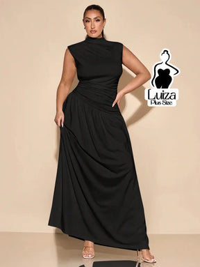 Vestido Longo Gola Alta Cintura Drapeada Saia Ampla Plus Size