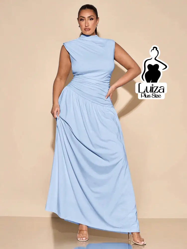Vestido Longo Gola Alta Cintura Drapeada Saia Ampla Plus Size