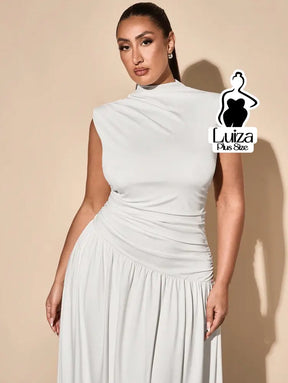 Vestido Longo Gola Alta Cintura Drapeada Saia Ampla Plus Size