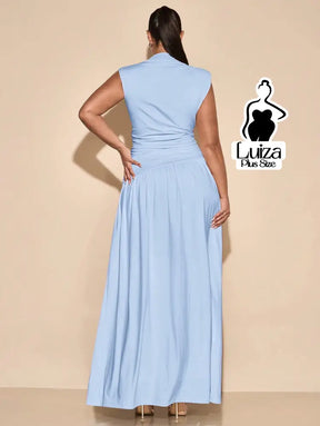 Vestido Longo Gola Alta Cintura Drapeada Saia Ampla Plus Size