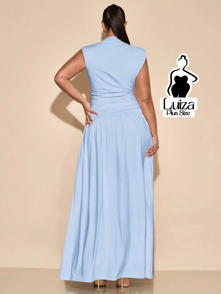 Vestido Longo Gola Alta Cintura Drapeada Saia Ampla Plus Size