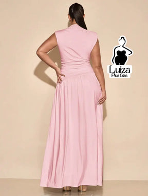 Vestido Longo Gola Alta Cintura Drapeada Saia Ampla Plus Size