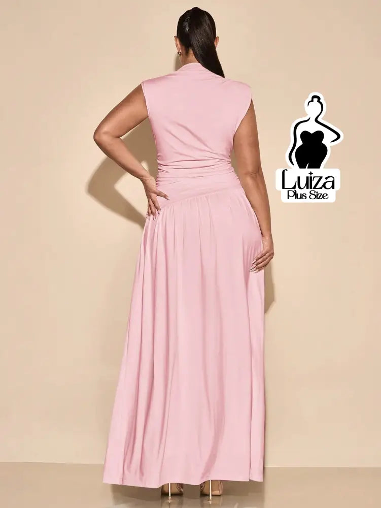 Vestido Longo Gola Alta Cintura Drapeada Saia Ampla Plus Size