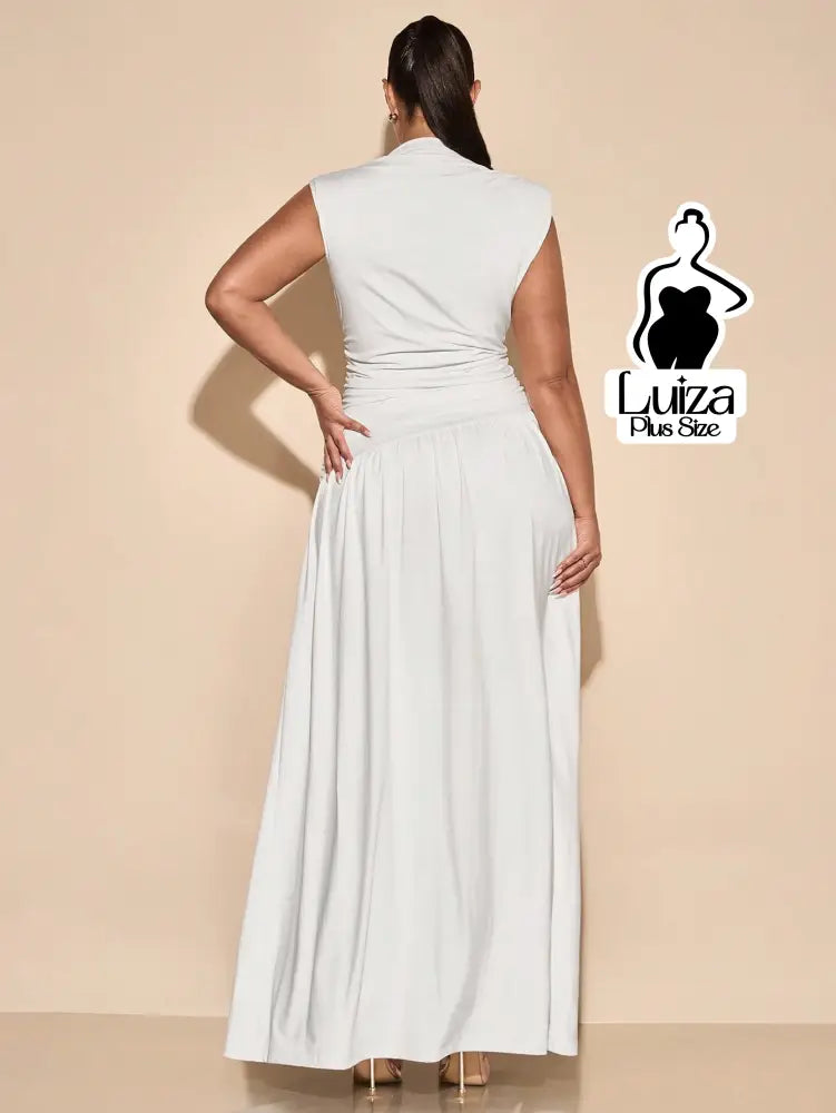 Vestido Longo Gola Alta Cintura Drapeada Saia Ampla Plus Size