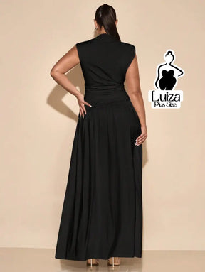 Vestido Longo Gola Alta Cintura Drapeada Saia Ampla Plus Size