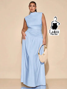 Vestido Longo Gola Alta Cintura Drapeada Saia Ampla Plus Size