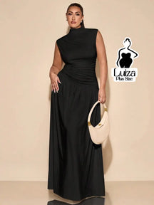 Vestido Longo Gola Alta Cintura Drapeada Saia Ampla Plus Size