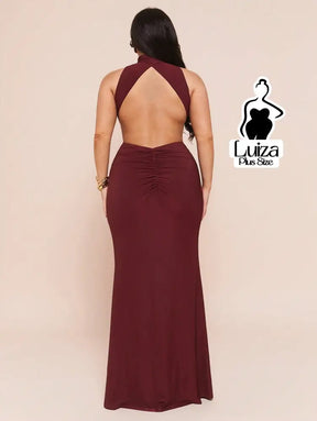 Vestido Longo Gola Alta Detalhe Metal Cintura Plus Size