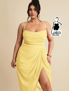 Vestido Longo Justo Drapeado Fenda Profunda Plus Size