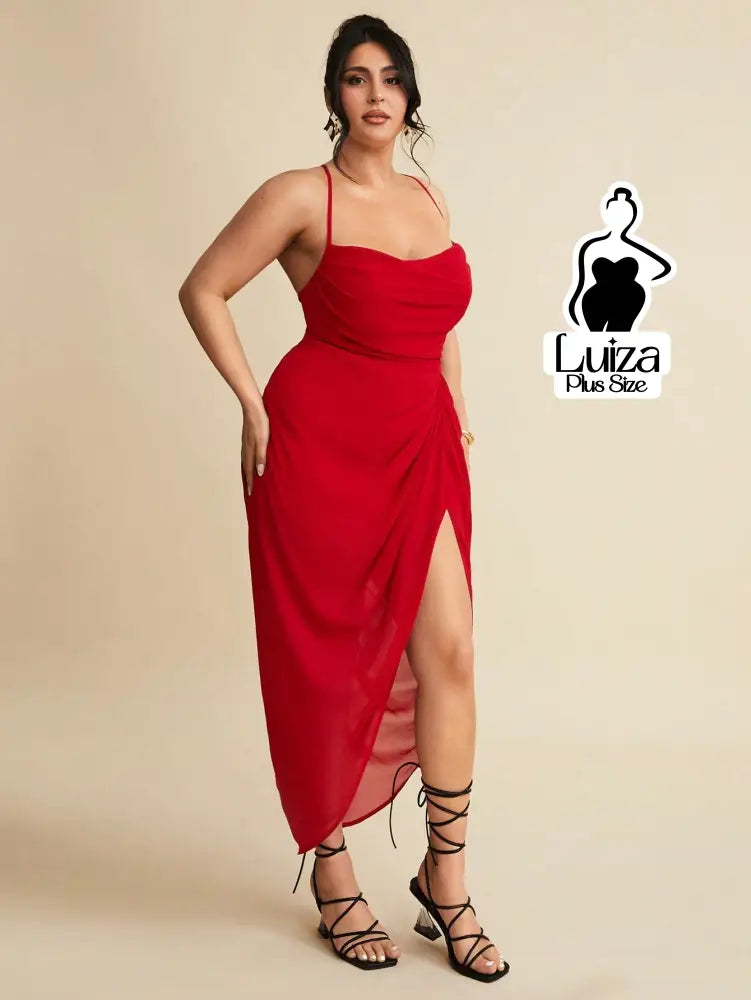 Vestido Longo Justo Drapeado Fenda Profunda Plus Size