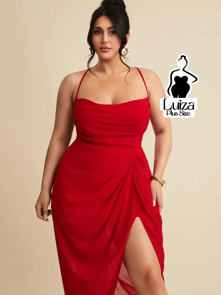 Vestido Longo Justo Drapeado Fenda Profunda Plus Size