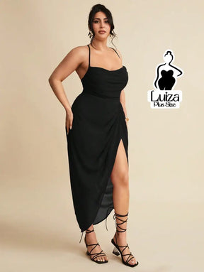 Vestido Longo Justo Drapeado Fenda Profunda Plus Size