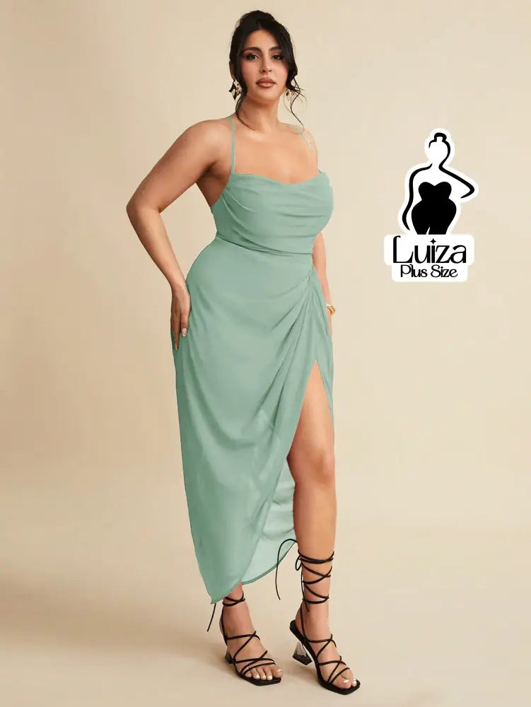Vestido Longo Justo Drapeado Fenda Profunda Plus Size