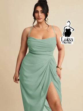 Vestido Longo Justo Drapeado Fenda Profunda Plus Size