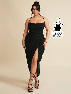 Vestido Longo Justo Drapeado Fenda Profunda Plus Size