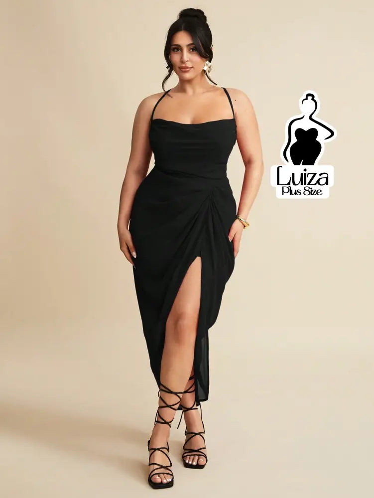Vestido Longo Justo Drapeado Fenda Profunda Plus Size