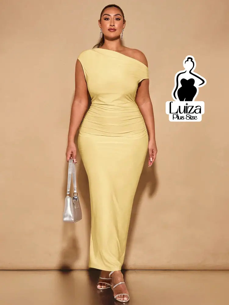 Vestido Longo Ombro A Ombro Cintura Drapeada Plus Size