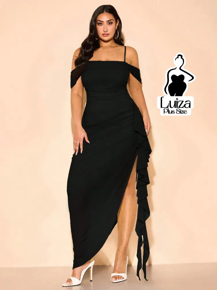 Vestido Longo Ombro A Ombro Drapeado Amarração Plus Size