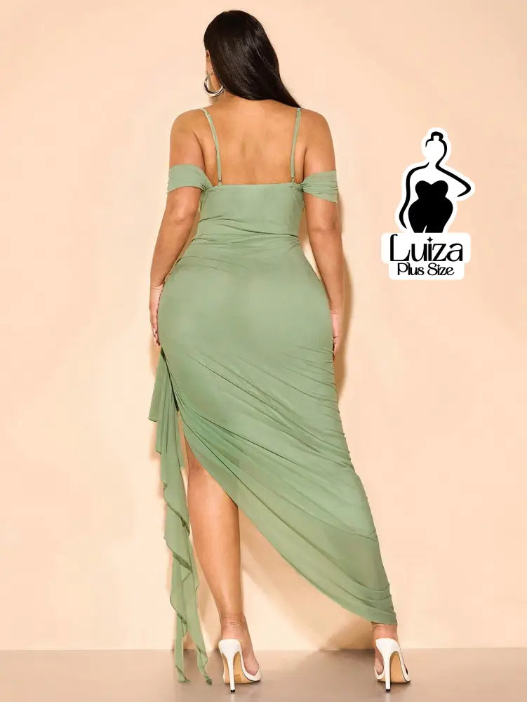 Vestido Longo Ombro A Ombro Drapeado Amarração Plus Size