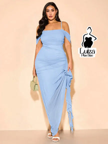 Vestido Longo Ombro A Ombro Drapeado Amarração Plus Size