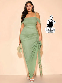 Vestido Longo Ombro A Ombro Drapeado Amarração Plus Size