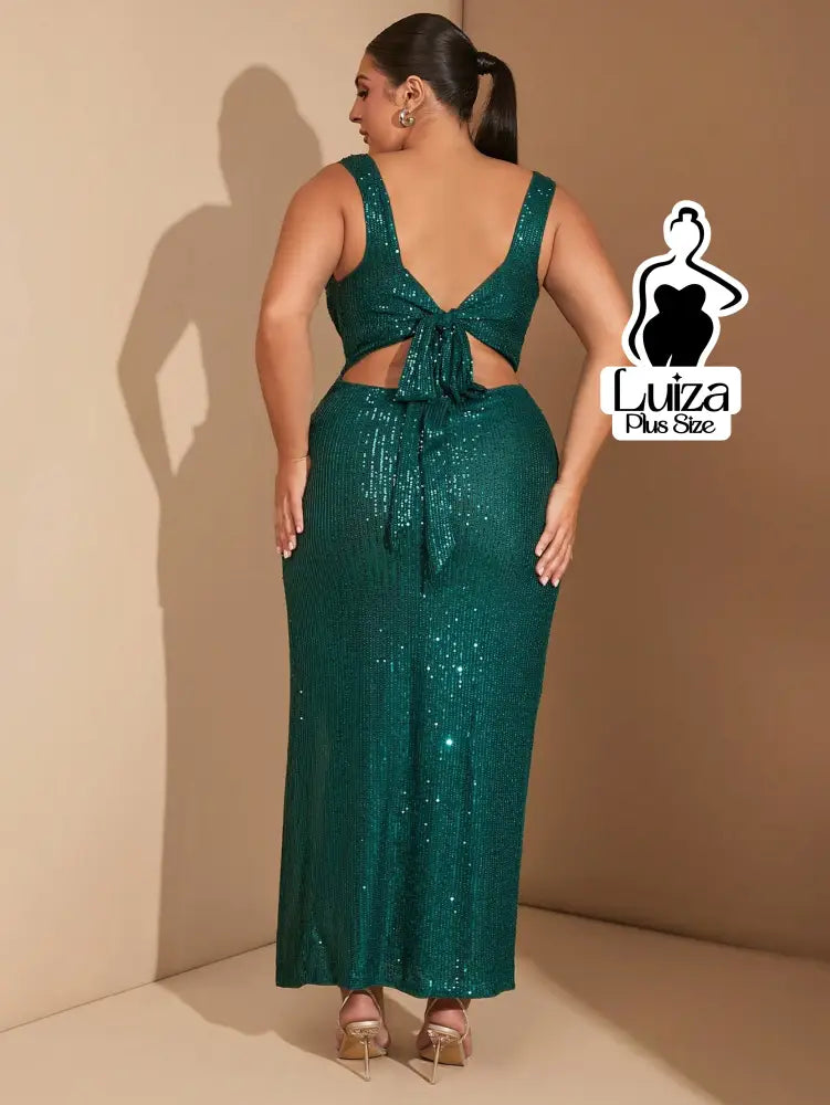 Vestido Longo Paetê Decote Quadrado Fenda Plus Size