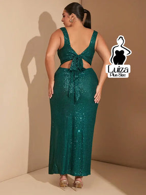 Vestido Longo Paetê Decote Quadrado Fenda Plus Size