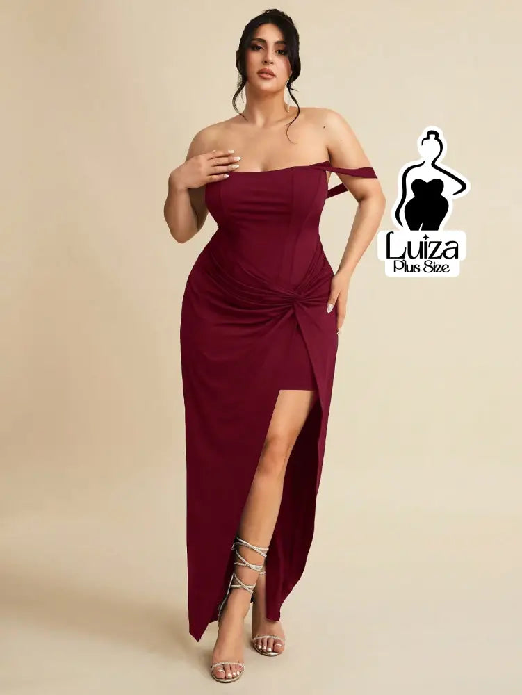 Vestido Longo Sofisticado Torção Fenda Na Saia Plus Size