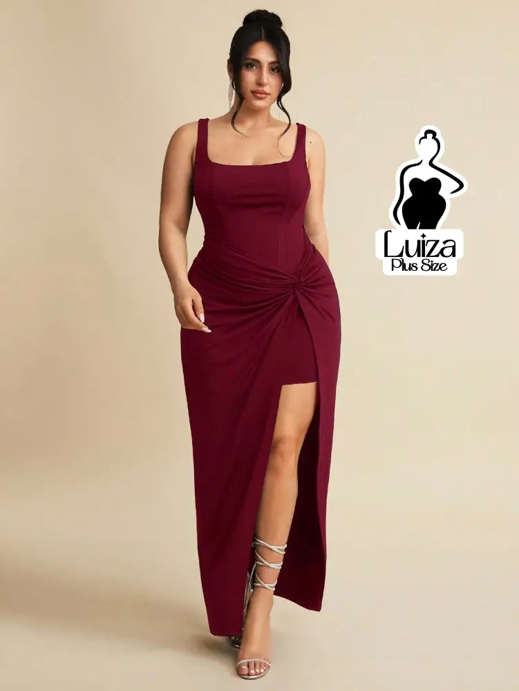 Vestido Longo Sofisticado Torção Fenda Na Saia Plus Size