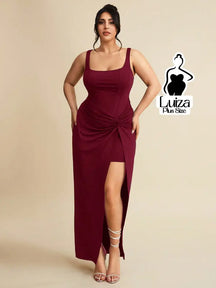 Vestido Longo Sofisticado Torção Fenda Na Saia Plus Size