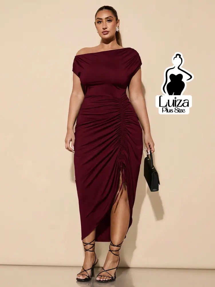 Vestido Longo Um Ombro Drapeado Fenda Sofisticado Plus Size