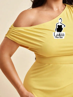 Vestido Longo Um Ombro Drapeado Fenda Sofisticado Plus Size