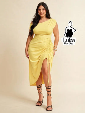 Vestido Longo Um Ombro Drapeado Fenda Sofisticado Plus Size