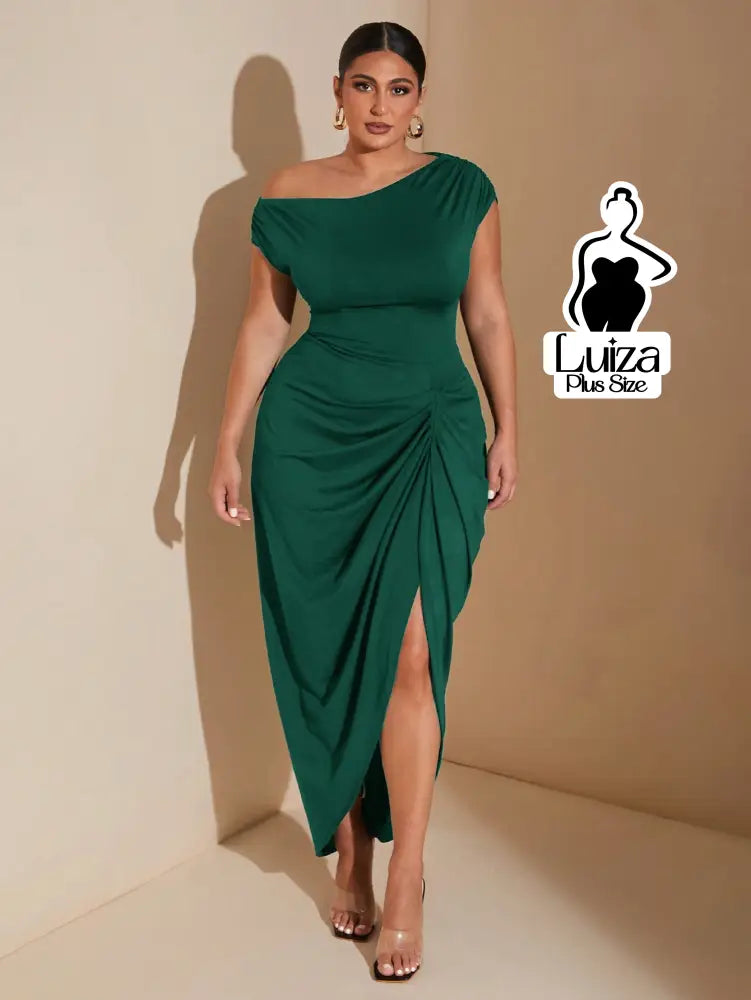 Vestido Longo Um Ombro Fenda Sofisticado Plus Size