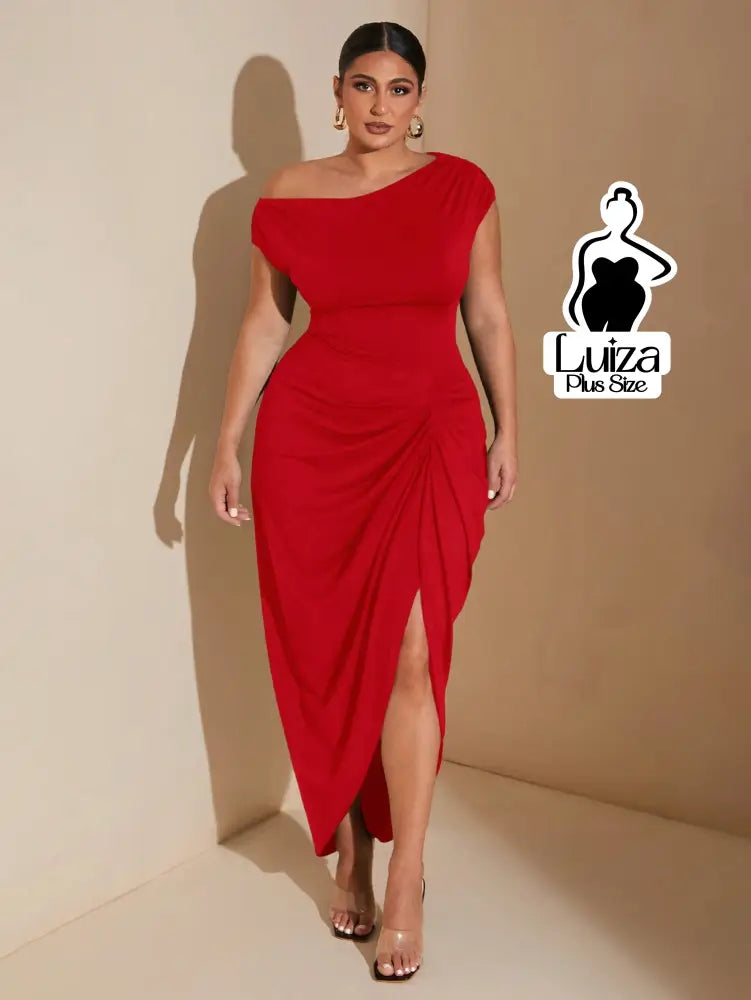 Vestido Longo Um Ombro Fenda Sofisticado Plus Size