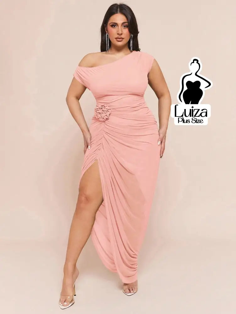Vestido Longo Um Ombro Só Drapeado Detalhe Floral Plus Size