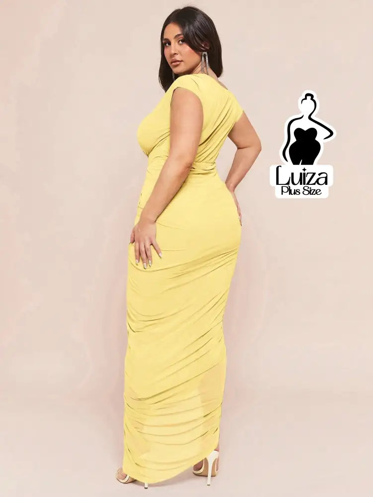 Vestido Longo Um Ombro Só Drapeado Detalhe Floral Plus Size