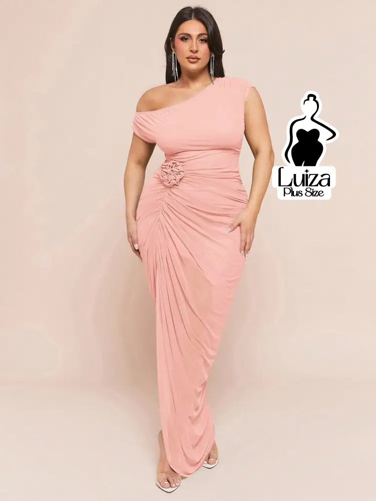 Vestido Longo Um Ombro Só Drapeado Detalhe Floral Plus Size