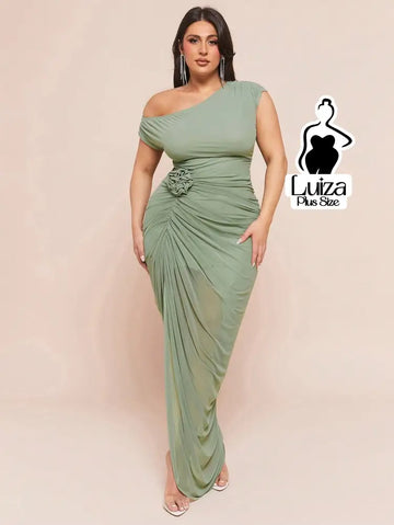 Vestido Longo Um Ombro Só Drapeado Detalhe Floral Plus Size