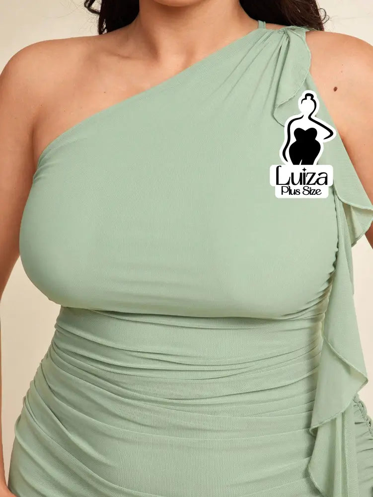 Vestido Longo Um Ombro Só Drapeado Faixa Lateral Plus Size