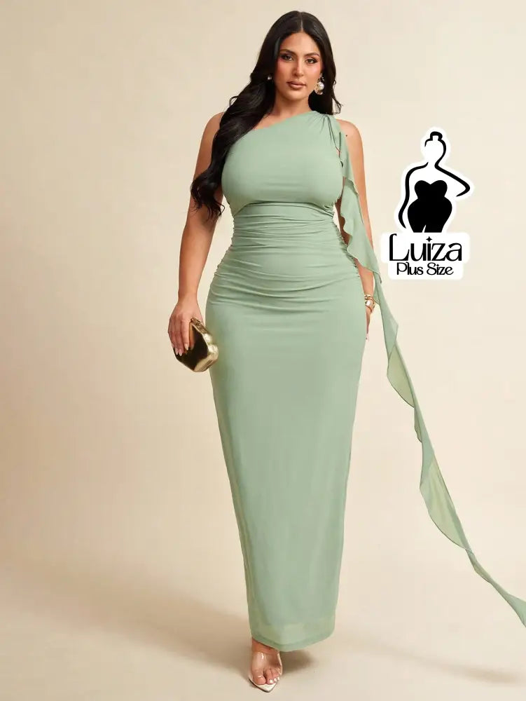 Vestido Longo Um Ombro Só Drapeado Faixa Lateral Plus Size