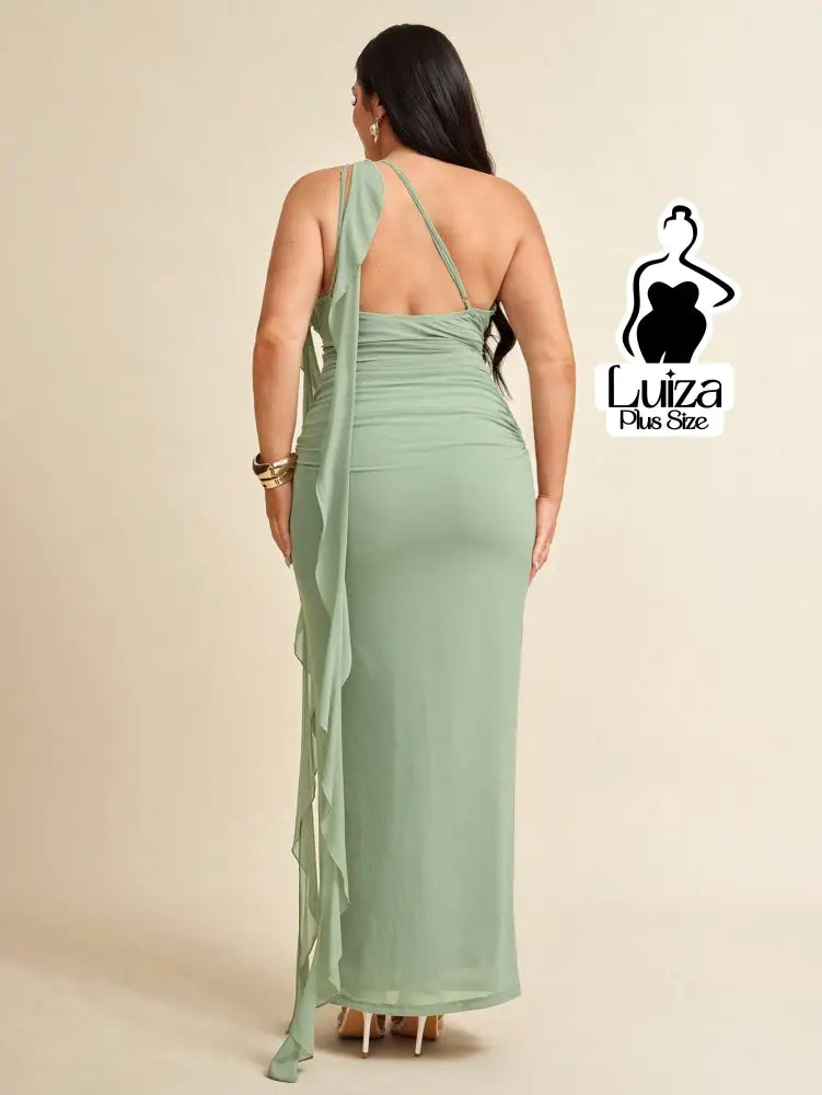 Vestido Longo Um Ombro Só Drapeado Faixa Lateral Plus Size