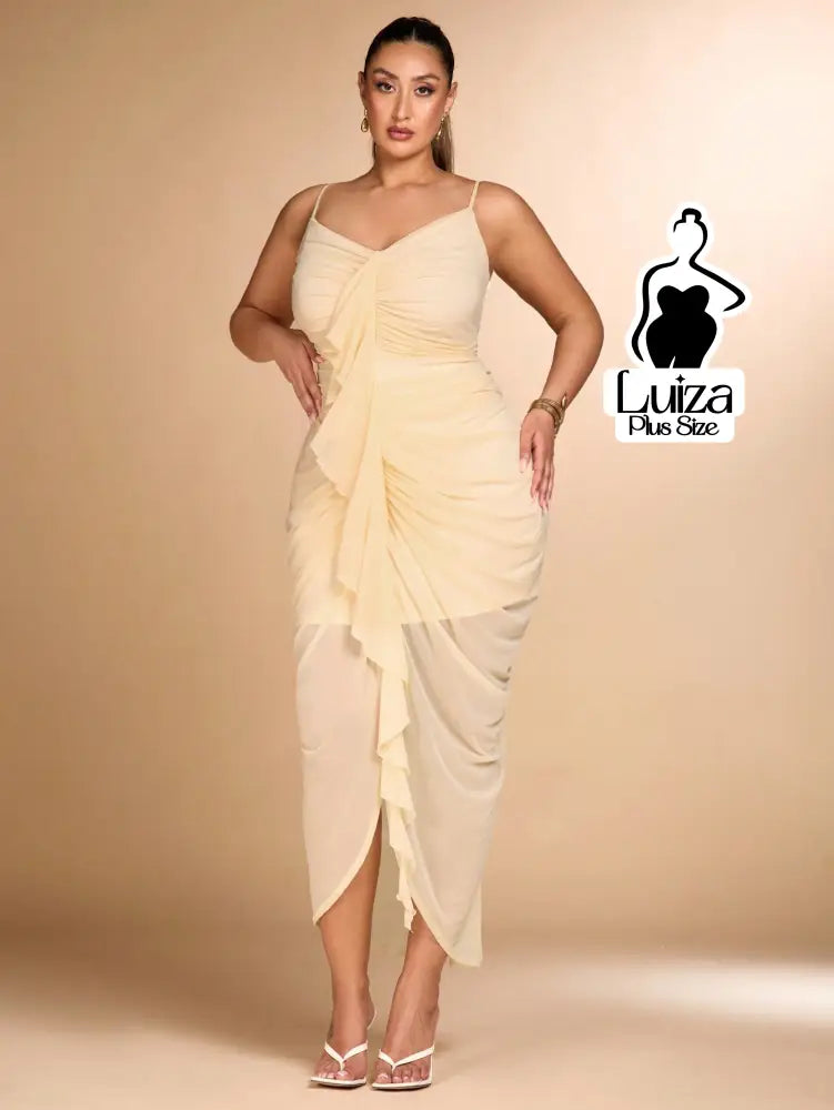 Vestido Midi Animal Print Babado Central Fenda Plus Size