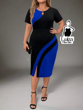 Vestido Midi Bicolor Manga Curta Detalhe Em Argola Plus Size