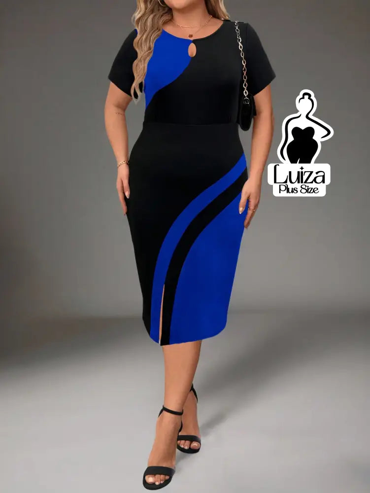 Vestido Midi Bicolor Manga Curta Detalhe Em Argola Plus Size