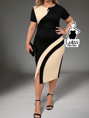 Vestido Midi Bicolor Manga Curta Detalhe Em Argola Plus Size