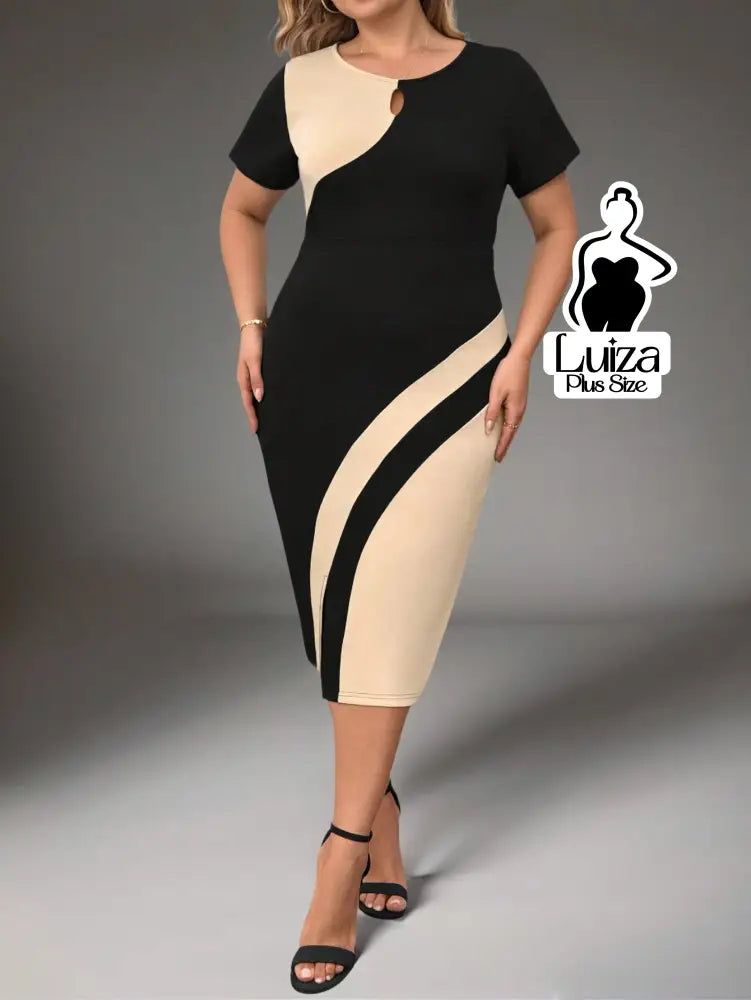 Vestido Midi Bicolor Manga Curta Detalhe Em Argola Plus Size